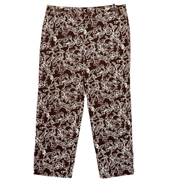 LOFT Pants - Ann Taylor LOFT Size 4 Ann Brown/White Floral Crop Pants w/Button Detail at Hem